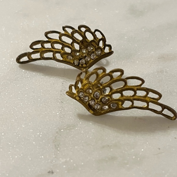 Angel Wing Earrings Bronze Tone with Rhinestone Post Earrings - Picture 2 of 13